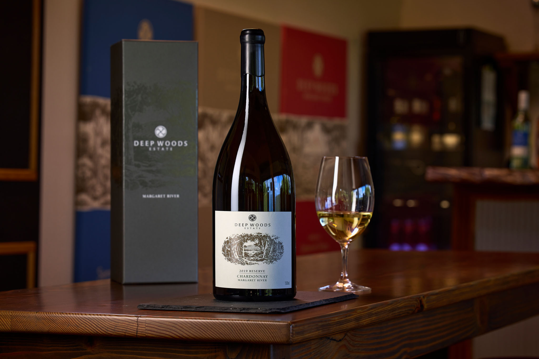 A bottle of Deep Woods Charonay on top of the bar table